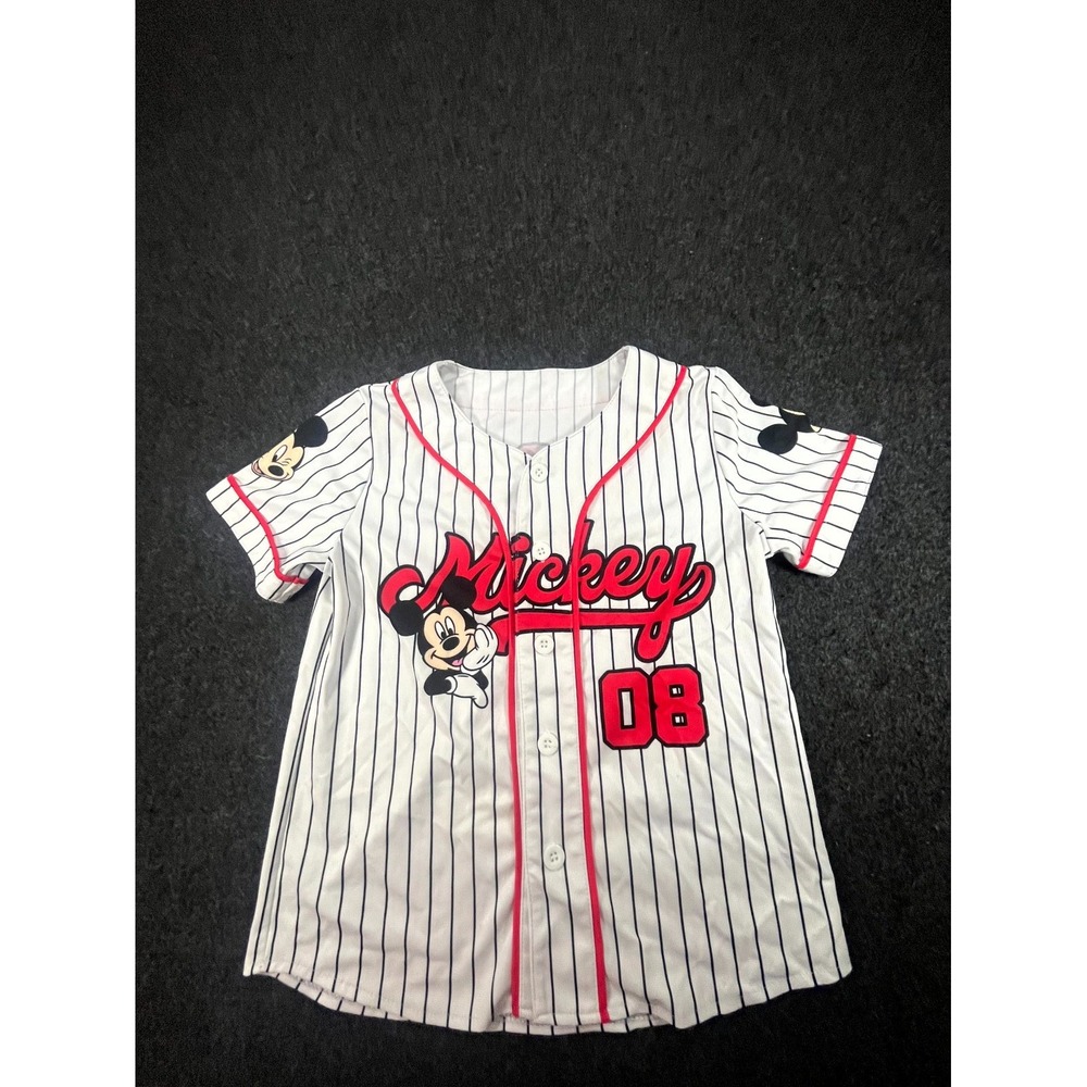 Disney Mickey Mouse Baseball Jersey Kids 8Y White Pinstriped V Neck Button Front